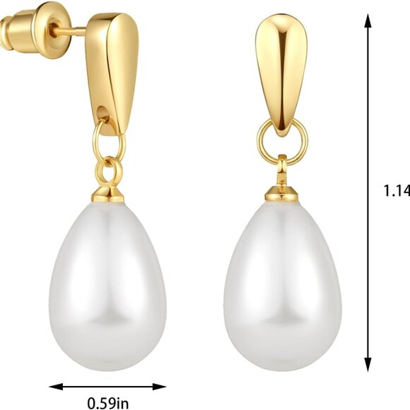 14k Gold Plated Pearl Earrings Lightweight Dangle Hoop Jewelry for Women - Picture 6 of 7